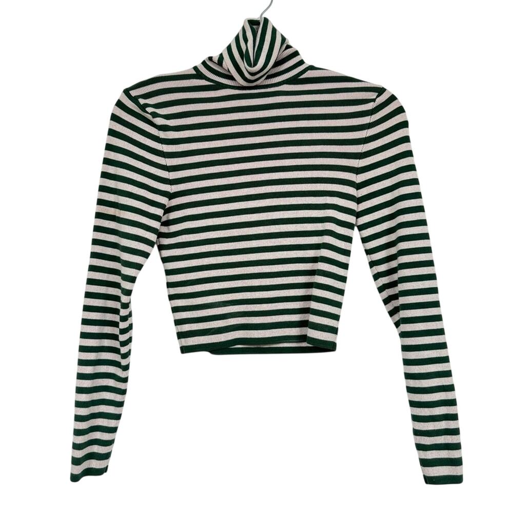Zara Green & Pink Striped Cropped Long Sleeve Turtleneck Sweater Womens L Ribbed